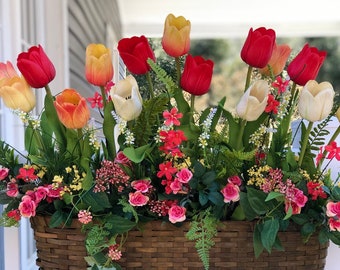 Window box Spring Tulips Flowers Embroidered Iron On Applique Patch