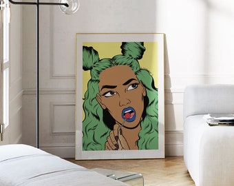 Green Haired Girl Giclée art print | pop art girl - black woman art - wall art