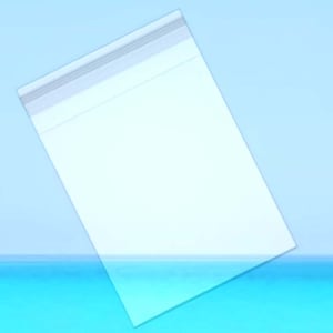 May include: A clear plastic bag with a sealed top, floating on a blue surface.