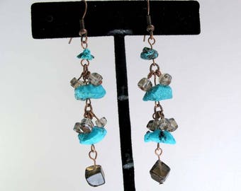 TURQUOISE with Smokey QUARTZ Southwest Semi Precious Gem Stone Beads Dangle Pierced Earrings Copper Metal or Niobium French Hook