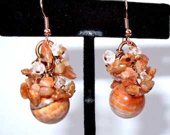 Fire AGATE, SUNSTONE, QUARTZ Crystal Semi Precious Gem Stone Beads Orange Color Cluster Dangle Pierced Earrings Copper Metal French Hook
