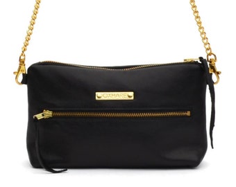 Crossbody en cuir noir / Sac à main noir et or avec doublure rose vif / Sac Venice dans l’espace extra-atmosphérique noir