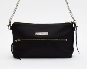Crossbody en cuir noir / Sac à main noir et argent avec doublure rose vif / Sac Venice dans l’espace extra-atmosphérique noir