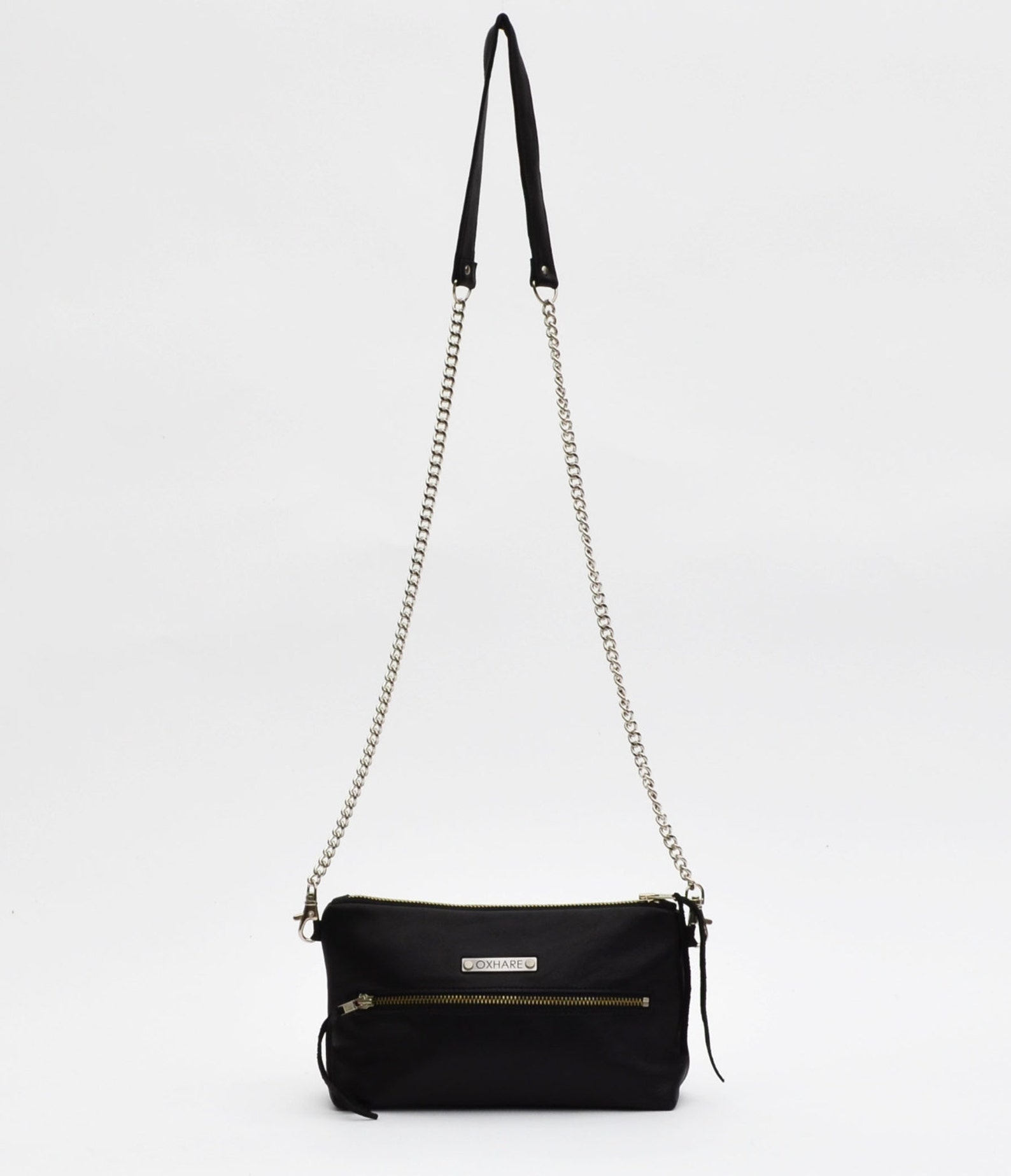 Black Leather Crossbody / Black and Silver Purse With a Hot Pink Lining