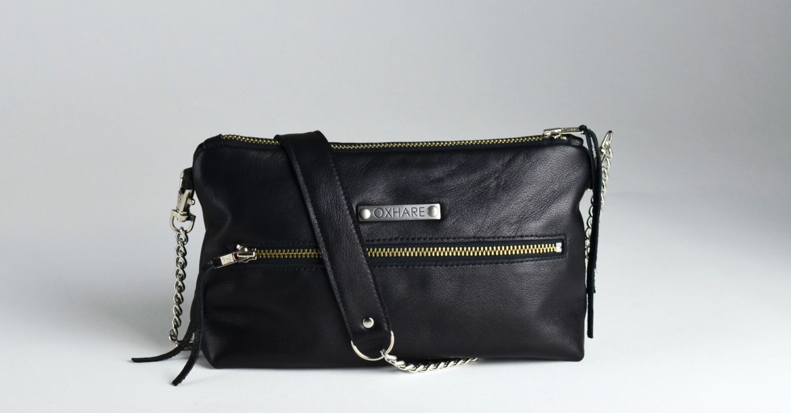 Black Leather Crossbody / Black and Silver Purse With a Hot Pink Lining