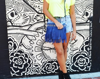 Sac à main à franges en cuir bleu / Sac à bandoulière Boho / Sac Sunset en bleu océan