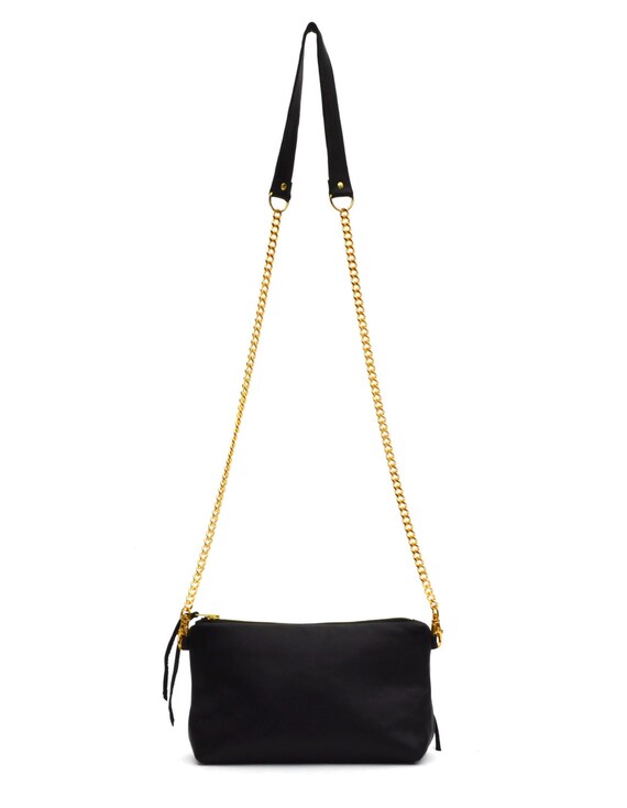 Black Leather Crossbody / Black and Gold Purse With a Hot Pink 