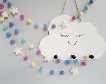 Pastel Rainbow Star Pom Pom Garland - Felt Ball Nursery Decor