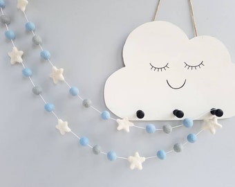 Blue and Grey Pom Pom and Star Garland - Nursery Decor