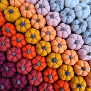 May include: A collection of colourful felt balls in various shades of pink, red, orange, yellow, green, blue, and purple. The balls are arranged in a circular pattern, creating a rainbow effect.