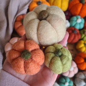 May include: Handmade felt pumpkins in shades of orange, cream, and green. The pumpkins have a textured, woolly appearance. The pumpkins are a seasonal decoration. Other pumpkins in the background are in shades of red, yellow and blue.