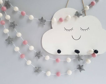 Pink and Grey Pom Pom and Star Garland - Nursery Felt Ball Garland - Baby Girl Nursery Decor