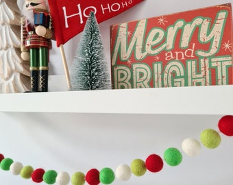 Christmas Pom Pom Garland - Felt Ball Garland - Red, Green, White Christmas Decor - Wool Felt Ball Garland - Traditional Christmas Garland