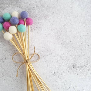 May include: A bouquet of colourful felt balls on wooden sticks tied together with twine. The balls are in shades of pink, blue, and white.