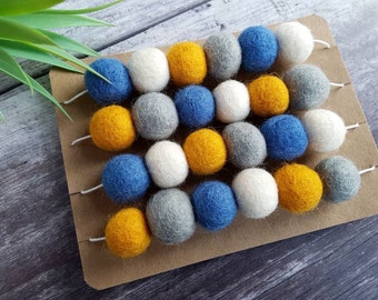 Blue and Mustard Pom Pom Garland - Boy's Bedroom Decor - Felt Ball Bunting