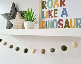 Green Felt Ball Pom Pom Garland - Jungle Dinosaur Decor