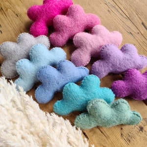 May include: A set of ten felt cloud shapes in various pastel colours, including pink, purple, blue, and green. The clouds are arranged in a semi-circle on a wooden surface.