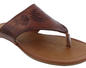Women's Mexican Huarache Sandals, Handmade Leather Thong Sandals, Sun Floral Boho Flip Flops Sandals, Chedron