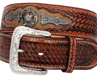 Mens Concho Cowboy Belt Western Dress Overlay Studs Real Leather Light Brown