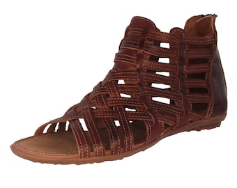 Womens Gladiator Leather Sandals, Handmade Mexican Huaraches, Strappy Sandals, Sandalia, Open Toe, Zipper, Brown