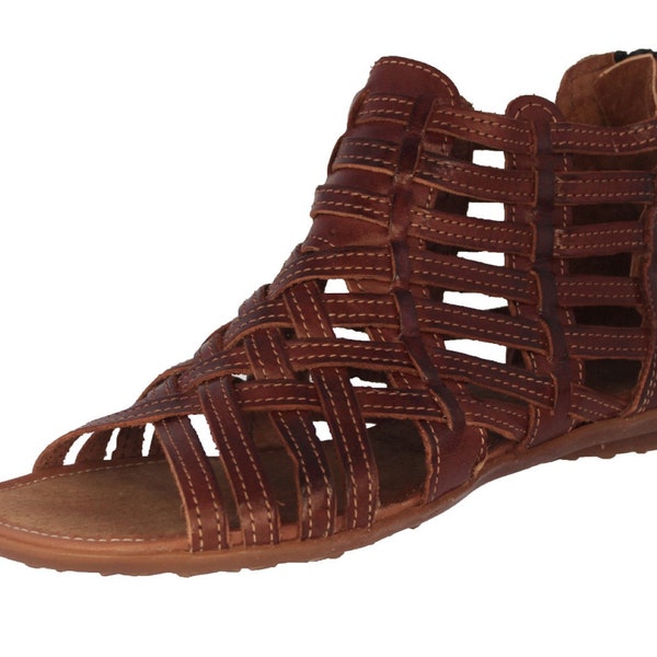 Womens Gladiator Leather Sandals, Handmade Mexican Huaraches, Strappy Sandals, Sandalia, Open Toe, Zipper, Brown