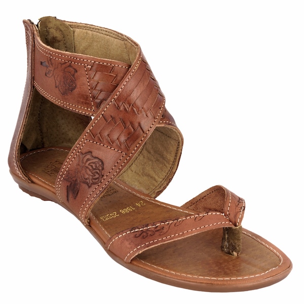 Women's Cognac Brown Sandals Genuine Leather Mexican Huaraches High Ankle Strap Zipper,Floral