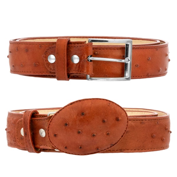 Men's Cognac Leather Ostrich Belt, Real Genuine Leather Embossed Ostrich Print, Silver Buckle Belt, Western Round Leather Buckle, Golf Belt