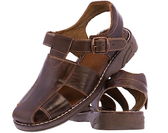 Men's Brown Leather Sandals, Real Mexican Huaraches Closed Toe, Ankle Strap, Fisherman Sandals, Outdoor Sandals