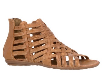 Damen Gladiator-Ledersandalen, handgefertigte mexikanische Huaraches, Riemchensandalen, Sandalia, offener Zeh, Reißverschluss, Hellbraun