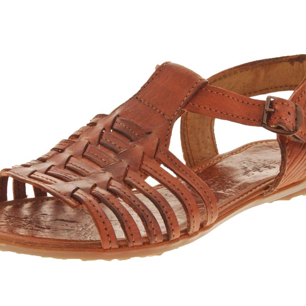 Women's Sandals, Woven Leather Open Toe Sandals, Buckle, Handmade Mexican Huaraches, Authentic, Real Leather, Gladiator Cognac Brown