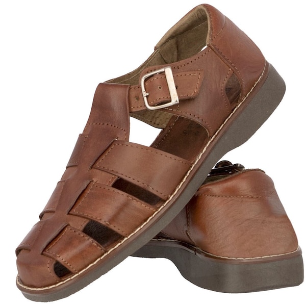 Men's Leather Handmade Sandals, Authentic Mexican Huaraches, Fisherman Sandals, Woven Leather, Buckle Sandals, Cognac