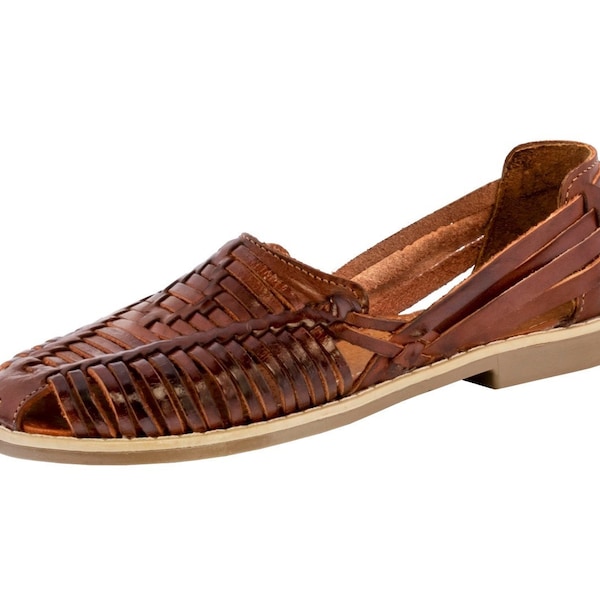 Women's Handmade Mexican Huaraches, Slip on Sandals, Real Leather Flat Sandals, Closed Toe Sandalia, Woven Leather Cognac Brown, Slip On