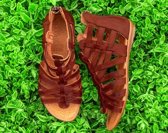 Women's Mexican Huaraches, Real Leather Sandals, Zipper, Gladiator Style Open Toe Handmade Sandalia