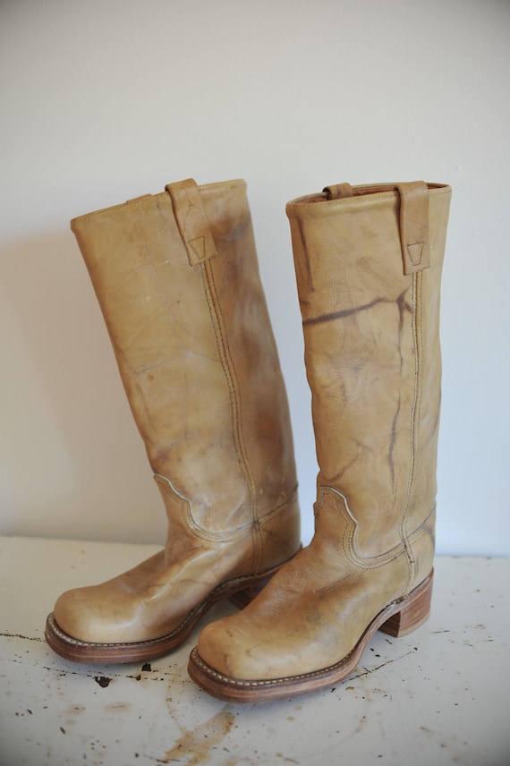 Vintage Tan Leather Distressed Chunky Boots - Size