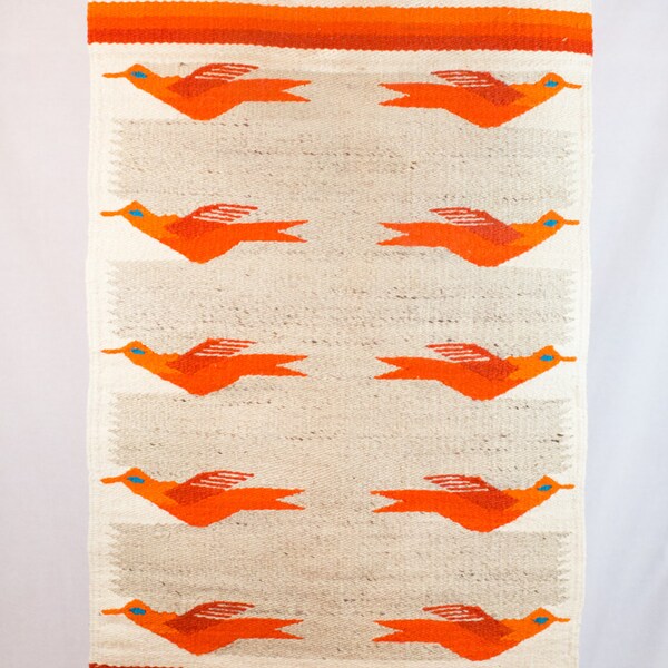 Vintage Southwestern Native American Orange and Cream Bird Rug / Wall Hanging / Saddle Blanket