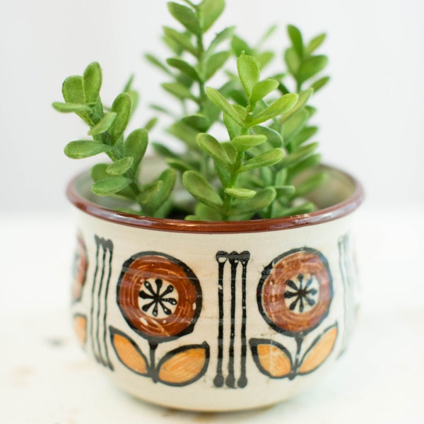 1970s Brown Cream and Yellow Flower Pottery