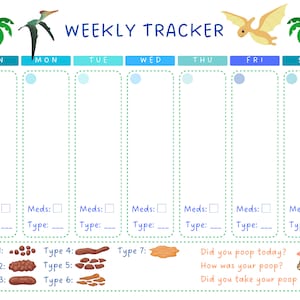 May include: A weekly tracker with a dinosaur theme. The tracker has seven columns for each day of the week, with spaces for notes and checkboxes. The bottom of the tracker has a section for tracking bowel movements with different poop emojis.