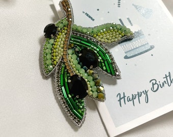 Olive beaded brooch, green brooch pin, graceful leaf jacket brooch for women, beaded embroidered brooch