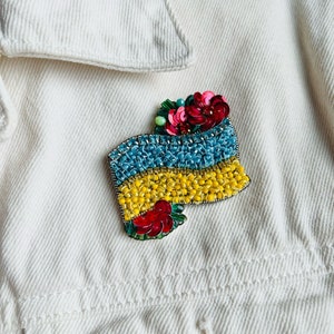 Ukrainian embroidery, brooch in Ukrainian style, symbol of Ukraine, Ukrainian flag