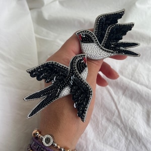 Beaded brooch black bird, embroidered brooch pin swallow, Small gift for her