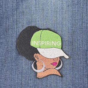Afro Woman &quot;INSPIRING&quot; Sew on patch with Iron on backing. 3d Black woman Patch, Ball Cap Inspiring on the Cap wearing Earrings....9.97