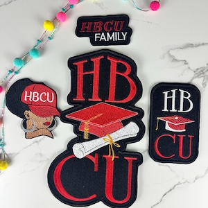 May include: A collection of embroidered patches featuring HBCU themes. One patch shows a person wearing a red HBCU cap, another reads HBCU FAMILY, a large central patch displays HBCU with a graduation cap and diploma, and a final patch reads HB CU.