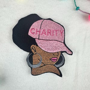 Afro Woman “Charity” Sew-On Patch, 3D Black Woman in Ball Cap Embroidery Patch for Jackets, Bags & Hats