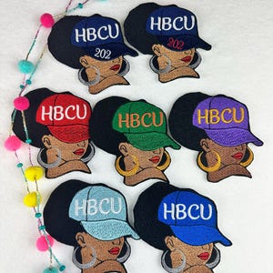 HBCU Afro Woman Embroidery Patch, 3D Black Woman Patch, Ball Cap with Earrings, 3.75" Sew On with Iron-On Adhesive for Placement