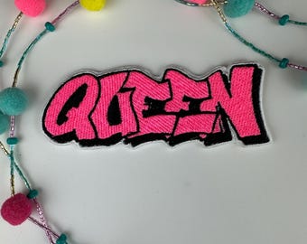 Queen Embroidery Patch LARGE 4 3/4", Colorful Patch in Hot Pink, Sage Green, Olive, Peach, Gold or Light Blue, Sew-On with Iron-On Placement