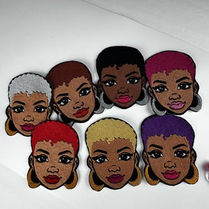 Afro Beauty Embroidery patch. Short Afro with Bold Colors & Earrings. African American Woman Patch 8.98