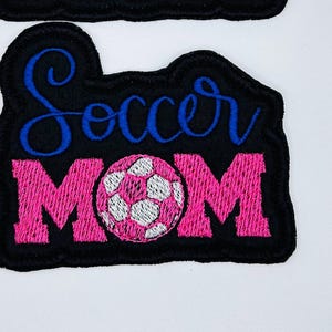 Soccer Mom Sew On Embroidery Patch with Iron backing for placement.  Use on Tote Bag, backpack denim, sports bag 6.98