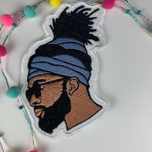 Black Man With Dreads Embroidery Patch | Bearded Man With Shades | Head Wrap Patch | Afro Style Sew On Patch | Cultural Gift