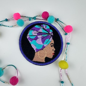 Afro Woman in African Head Wrap .e w on patch with Iron on Backing for placement Embroidery Patch, Round Patch with Satin Stitch 8.78