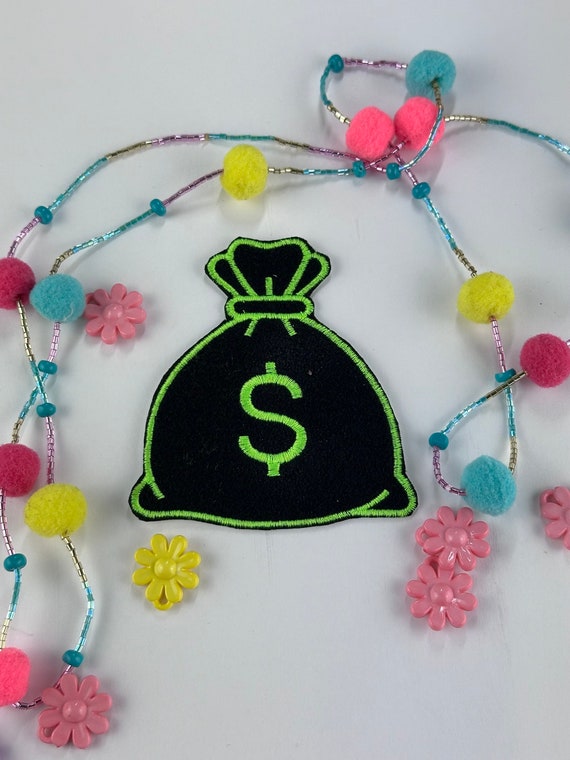 Money Bag Embroidery Patch, Pink and Green Dollar Sign Sew  display picture 3